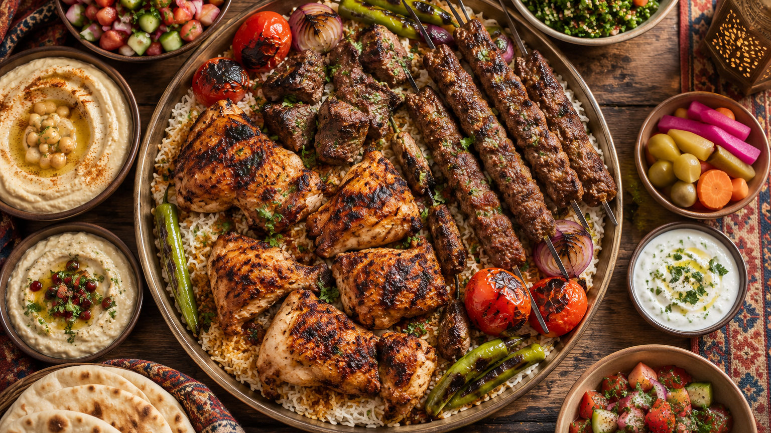 صينية عائلية غنية بالمشويات المتنوعة والأطباق الجانبية.